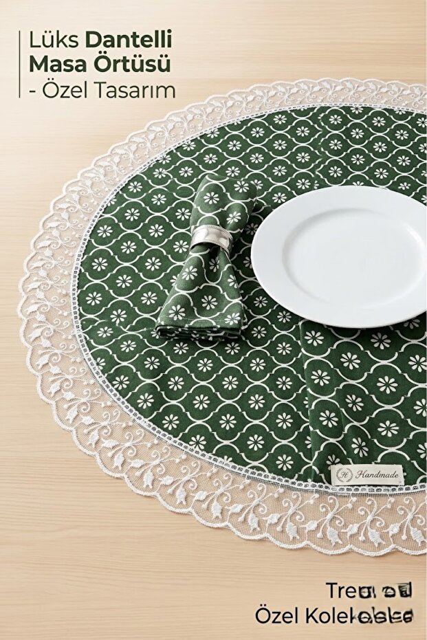 Round Floral Green Tablecloth - White Guipure Lace Detailed Runner