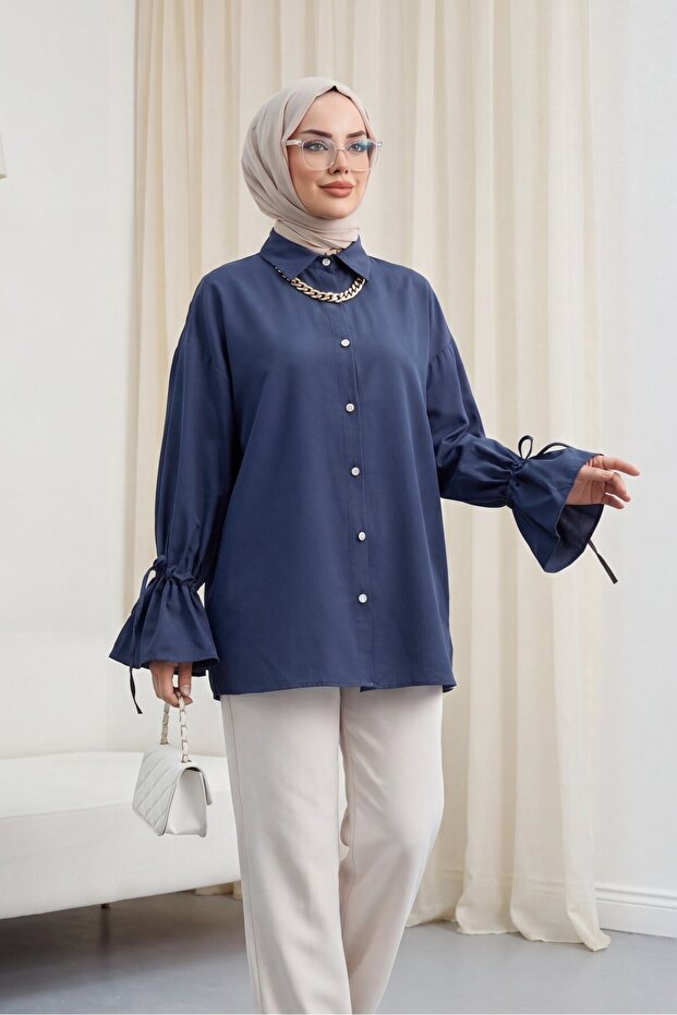 Pleated and Drawstring Sleeve Navy Shirt
