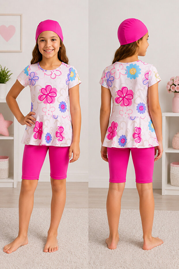 Girl's Top, Bonnet, Rose Patterned Hijab Sea Pool Swimsuit Set