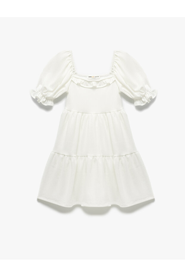 Short Sleeve Square Neck Balloon Sleeve Midi Dress