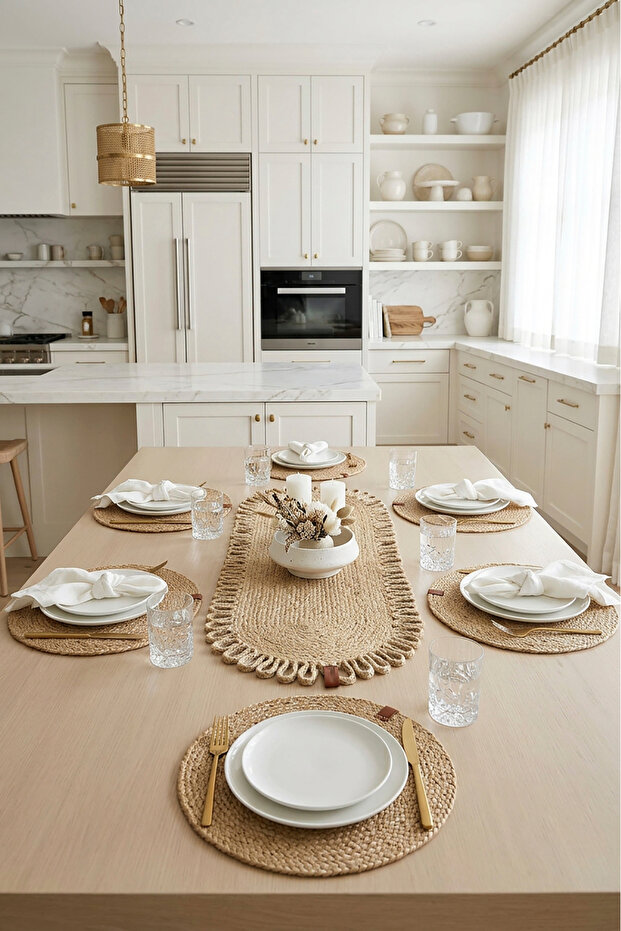 Natural Jute Runner and American Placemat Set 7 Pieces (1 Runner + 6 Placemats)