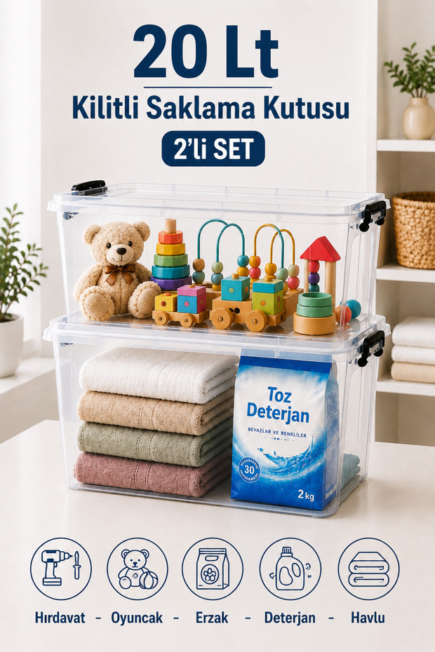 Set of 2 20 Lt Lockable Storage Boxes Multi-Purpose Organizer Pantry Supplies Hardware Toy Organizer