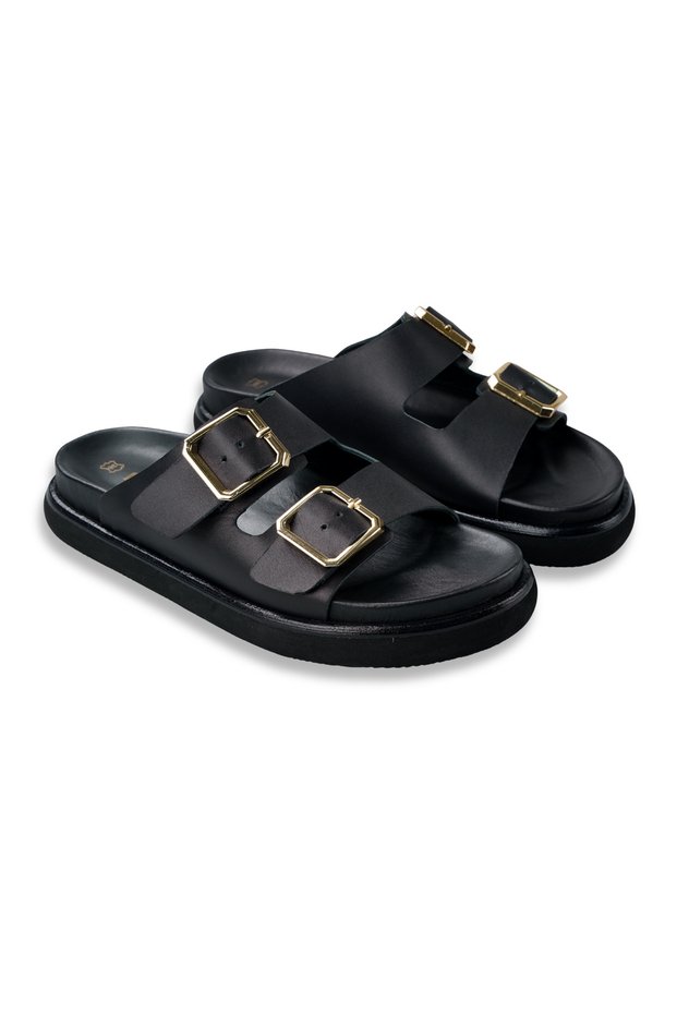 Maria Smooth Black Women's Slippers with Genuine Leather Inside and Outside and Sole Buckle