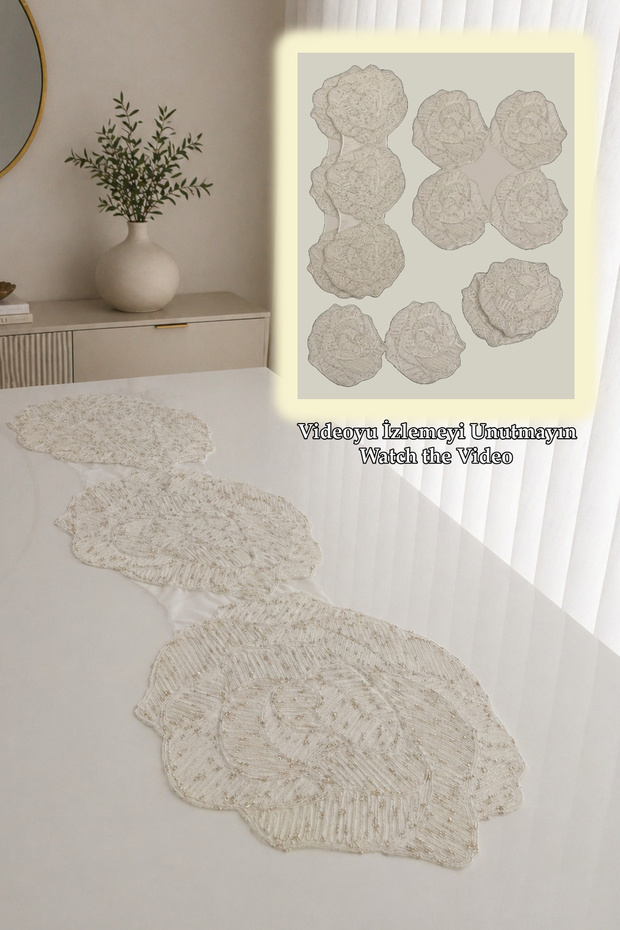Flora Luxury Runner Living Room Coffee Table Cover Set French Laced Dowry Set Lace Rose Patterned 6 Pieces