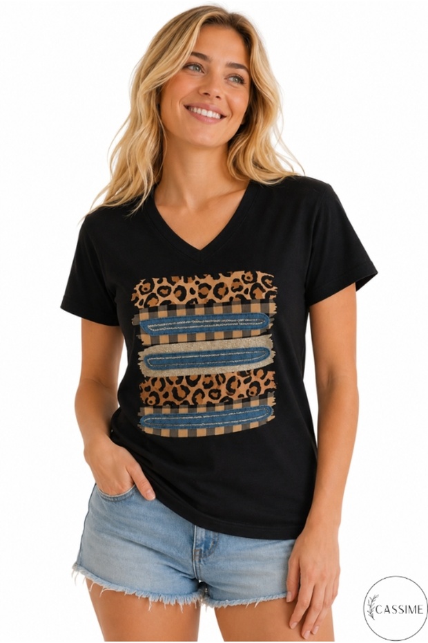 Women's Leopard Print Black V-Neck 100% Cotton T-Shirt