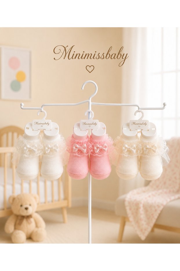 3-Piece Baby Girl Socks with Bow Detail, White Cream Pink