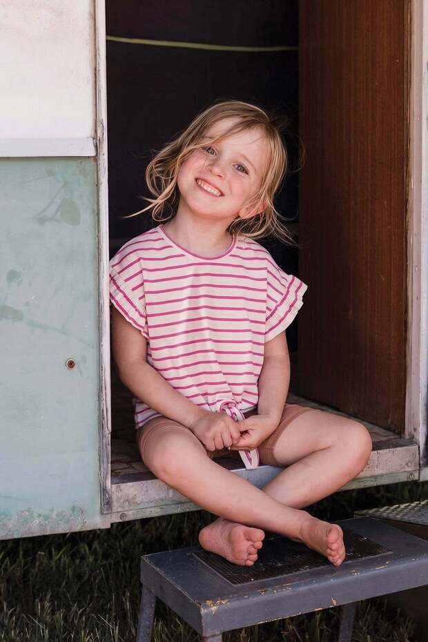 Striped Tie-Up Girl's T-Shirt 3-10 Years Fuchsia Striped