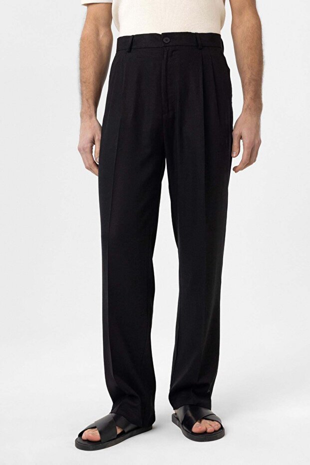 Black Linen Blended Men's Baggy Trousers
