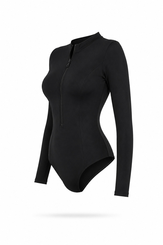 Black Zippered Long Sleeve Women's Swimsuit Hijab Surfing Swimsuit Without Cap