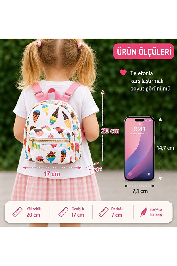 Faux Leather Ice Cream Figured Zippered Lined Girls' Mini Luxury Backpack, Gift