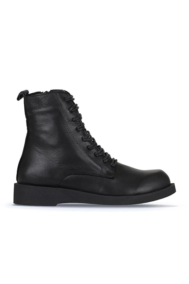Black Leather Women's Flat Boots 01Wz8900