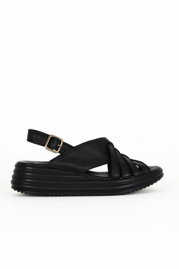 Black Leather Women's Wedge Heeled Sandals 01We3201