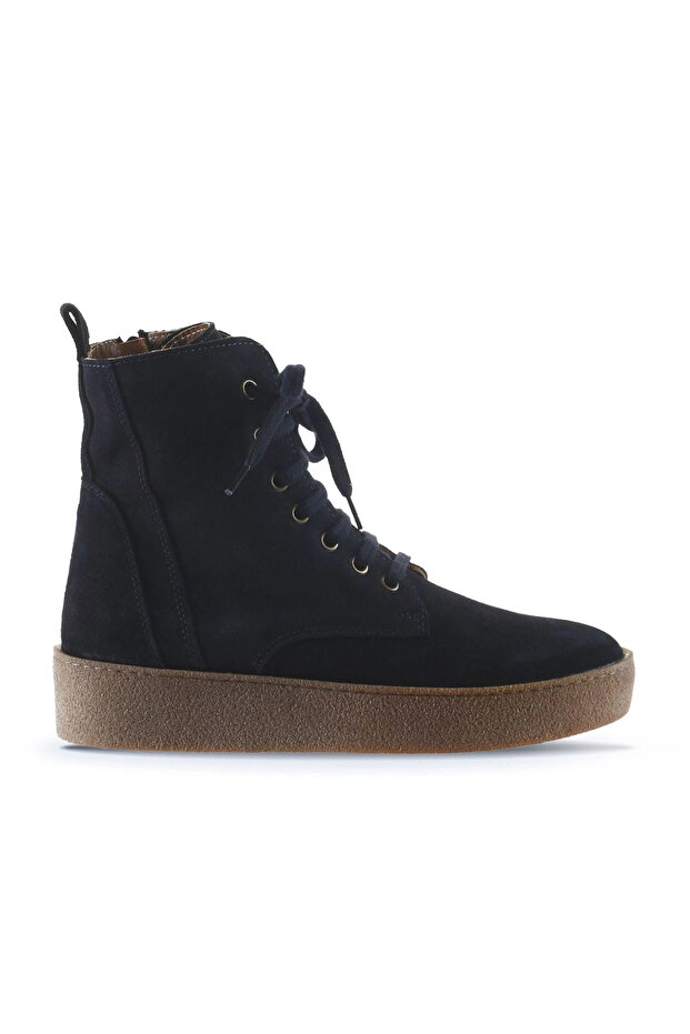 Navy Blue Suede Women's Flat Boots 01Wt3001