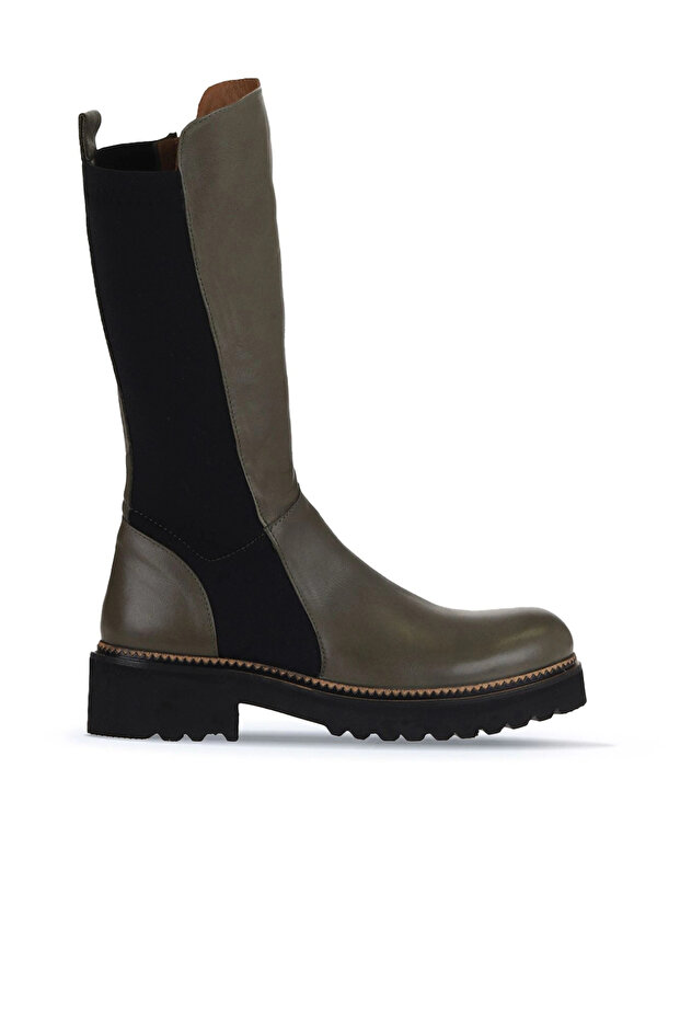 Khaki Leather Women's Flat Boots 01Wt0803