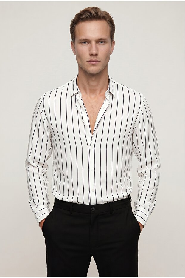 Slim Fit White Line Printed Shirt