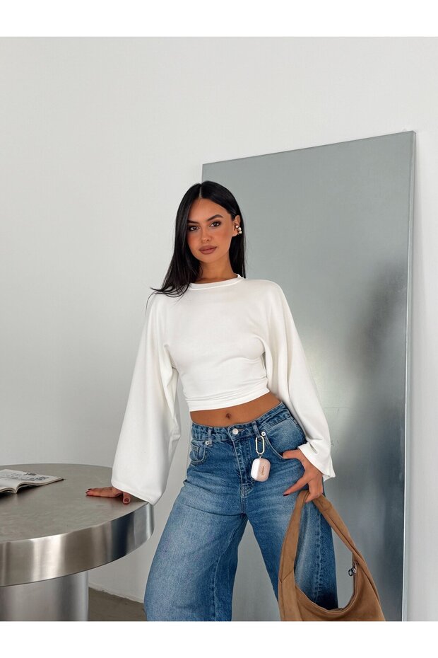 Batwing Sleeve Gathered Waist Blouse - Ecru