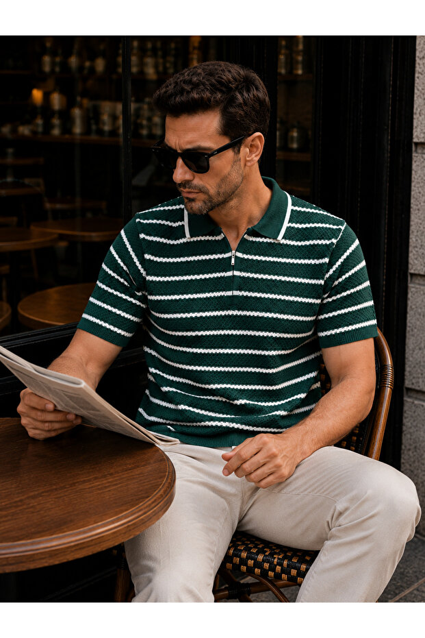 Green Striped Knitwear T-Shirt