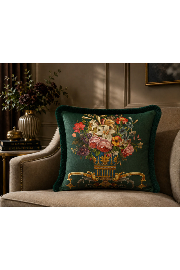 Imported Silk Velvet Tasseled Damask Pattern Green Color Throw Pillow Cover 43X43Cm (Double-Sided)