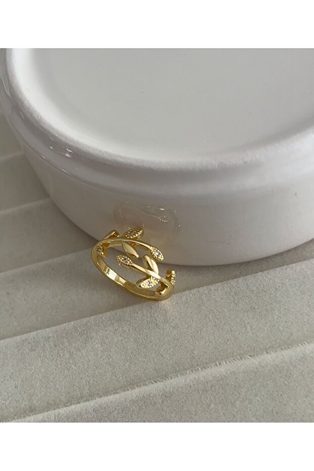 Gold Color Leaf Pattern Adjustable Zircon Stone Ring - 2