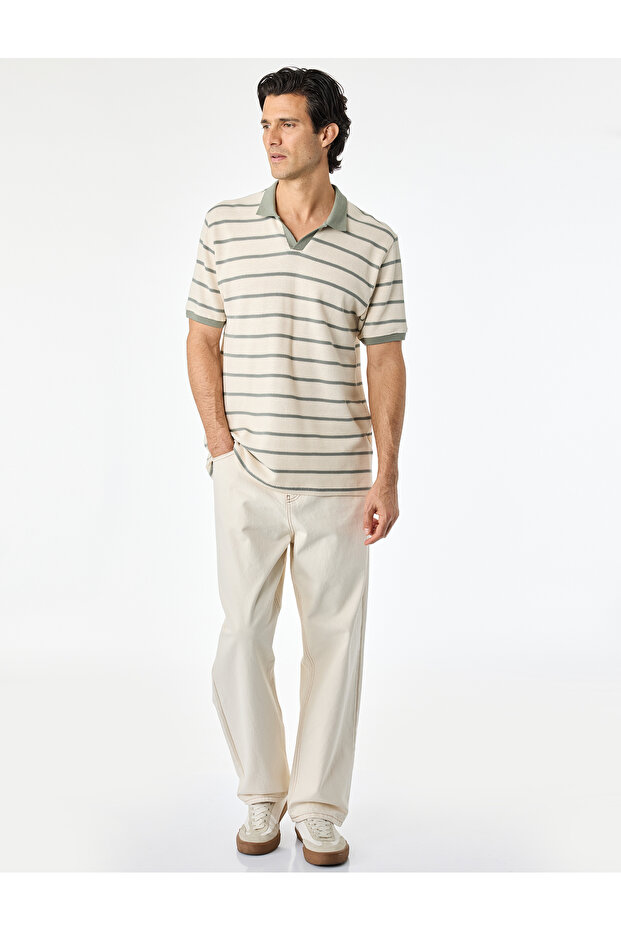 Cotton Regular Fit Short Sleeve Striped Polo Collar T-Shirt