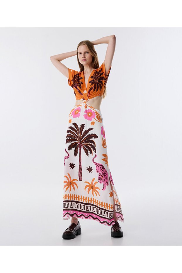 BASKILI CUT-OUT ELBİSE
