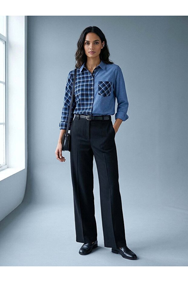 Women's Blue Asymmetrical Patterned Shirt – Dualine Fit | 100% Cotton | Long Form | Daily Elegance