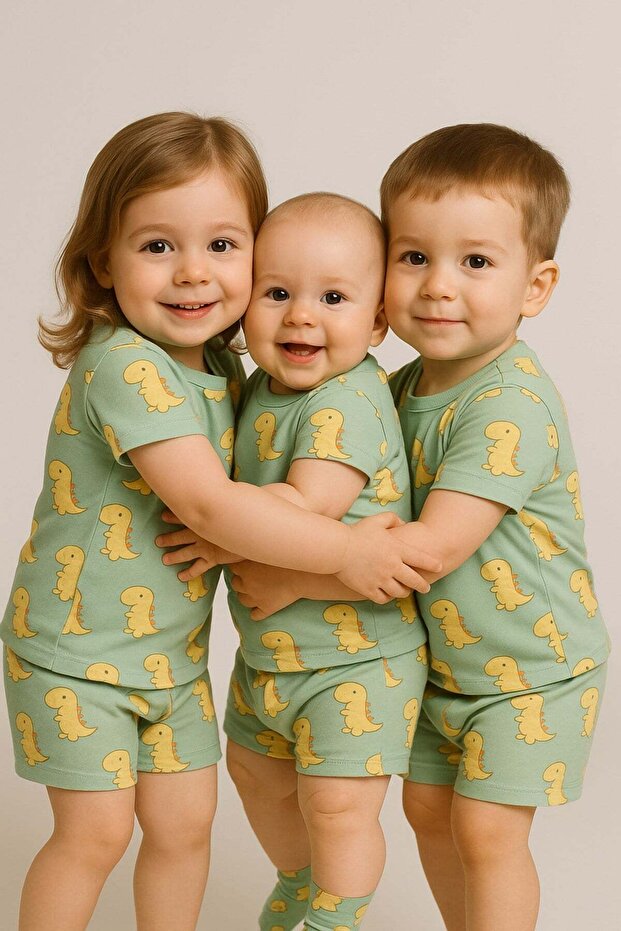 Cotton Dinosaur Patterned Wide Collar Summer Pajama Set (0-5 Years) – Unisex / for Girls-Boys