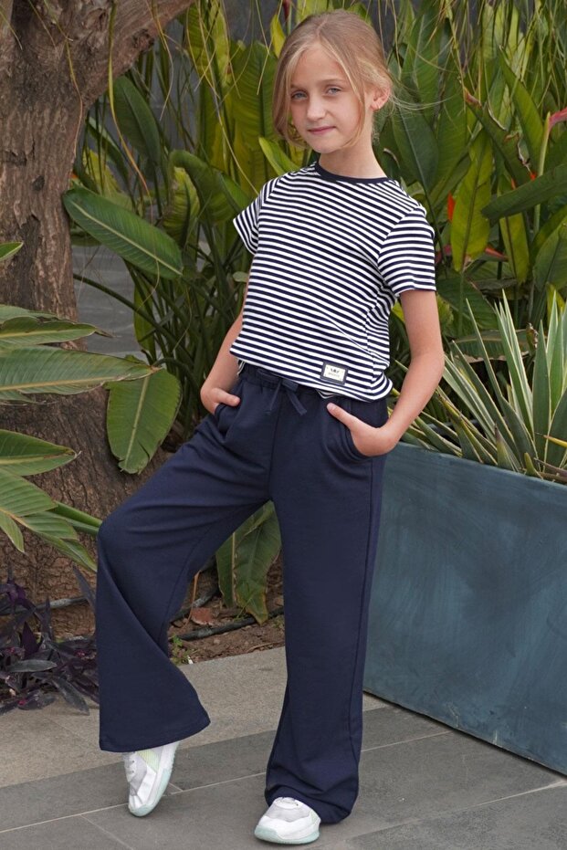 Girl's Trouser Suit with Arma Detail and Bow Accessory, 6-12 Years Old, Navy Blue
