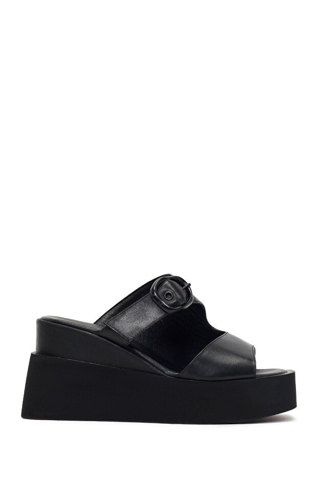 Women's Black Buckle-Strap Wedge Heeled Leather Slippers 26Sfd203918