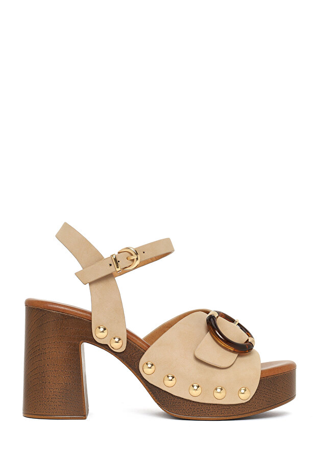 Women's Beige Ankle Buckle Platform Thick Heeled Suede Sandals 26Sfe465910
