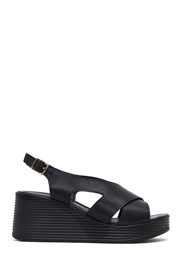 Women's Black Ankle Boots Buckled Wedge Heel Leather Sandals 26Sfd181518