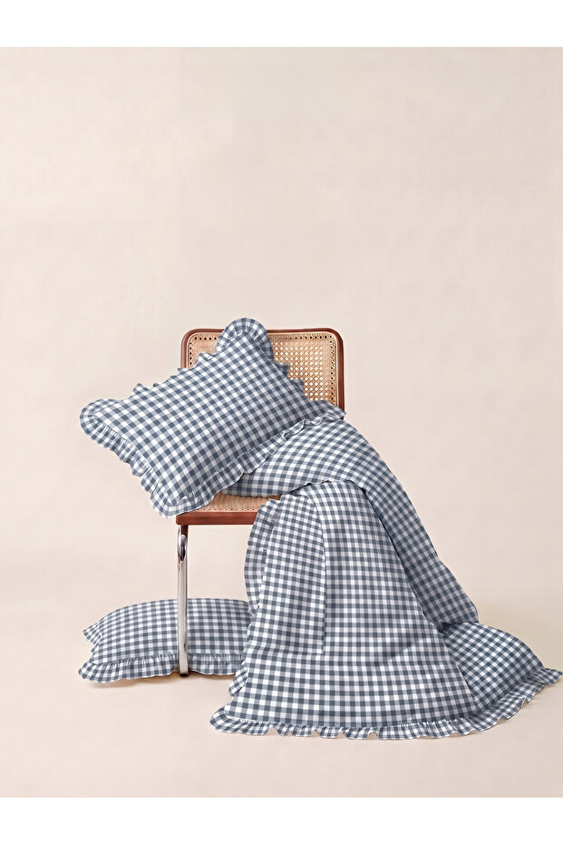 Blue Pöti Square Patterned Ruffled Duvet Cover Set Double / Without Sheets - 3