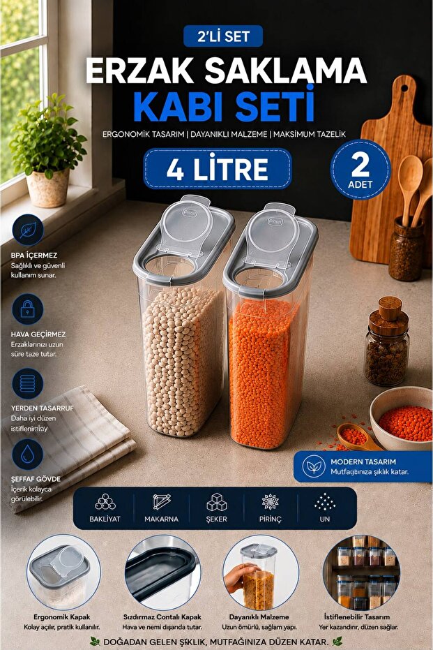 Erzak Bakliyat Self-Covering Pantry Storage Container 2 Pcs Set Luxury Stylish Dowry Set 4Lt Food Container