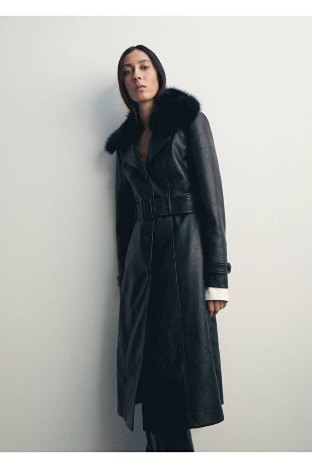 Fur Collar Leather Look Coat
