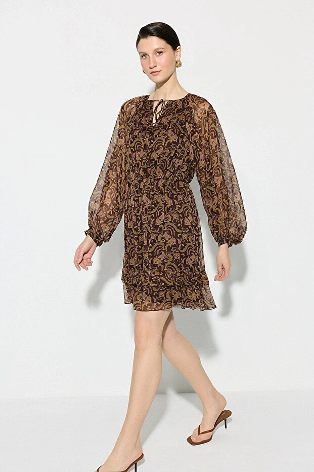 Patterned Rayon Chiffon Dress - Brown