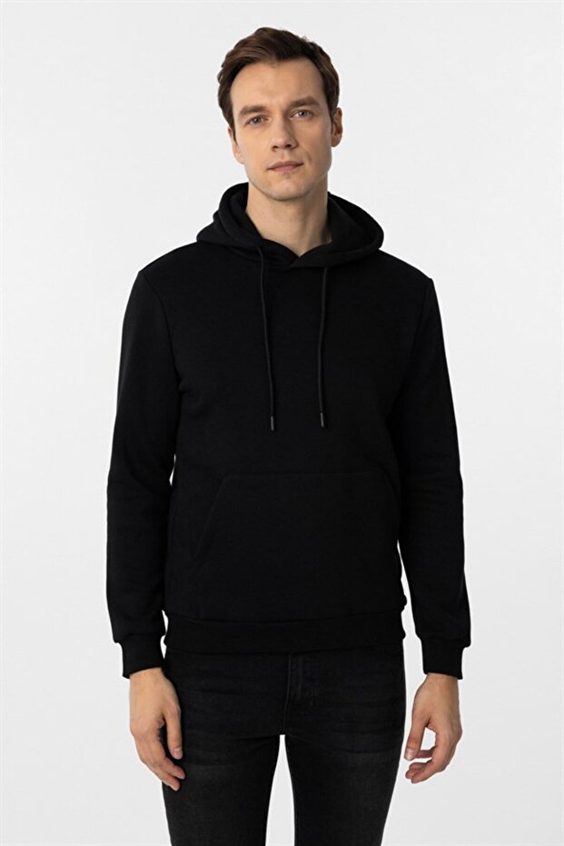 Siyah Regular Düz Sweatshirt - 1