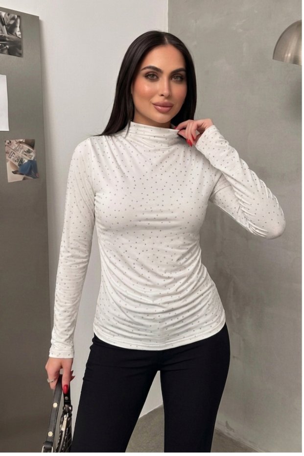 Women's Blouse Stoned Draped Long Sleeve Sandy Fabric Short Stylish Blouse