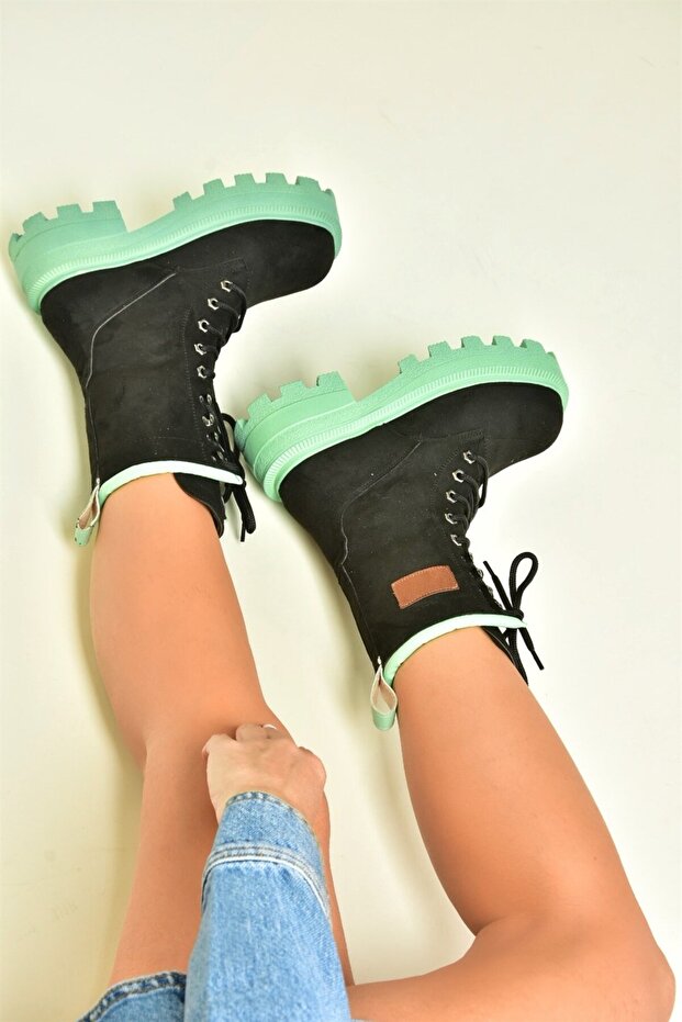 Black/Green Suede Lace-Up Women's Boots L973916002