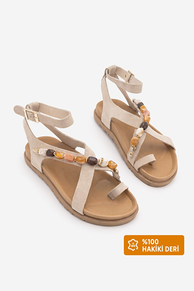 Women's Genuine Leather Ankle Strap Flip-Flop Sandals with Stones, Montera Beige Suede