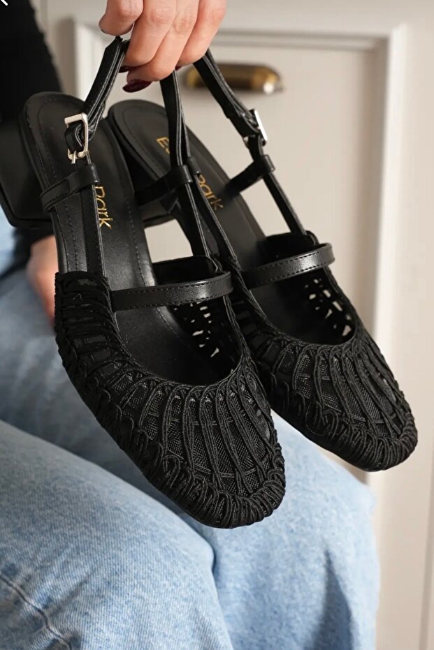 Women's Sandals Short Thick Heeled Knitted Shoes Mary Jane Black