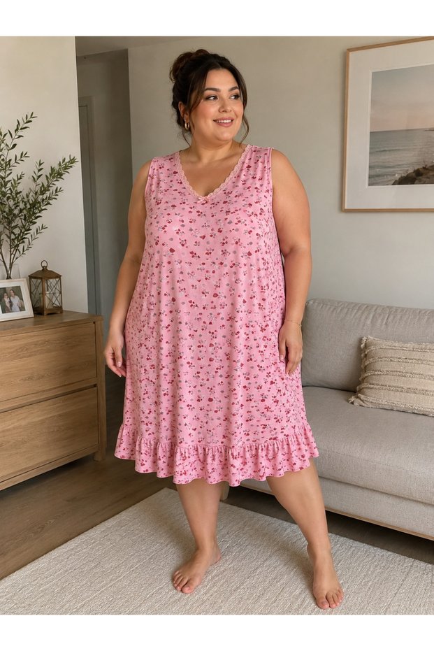 Women's Oversized Bamboo Nightgown with Patterned Lace Detail, Short Sleeve, Pink Nightgown, Plus Size, V-Neck, Stylish, High-Quality, Elegant, Comfortable Fit, Home Hospital Gown, Homewear