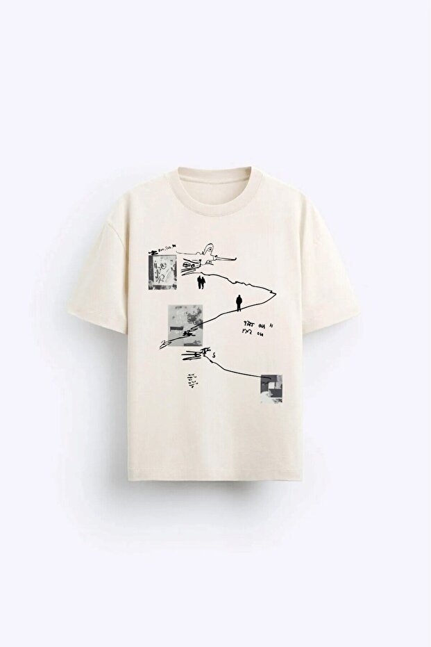 Art Work Printed Oversize Beige Men's T-Shirt