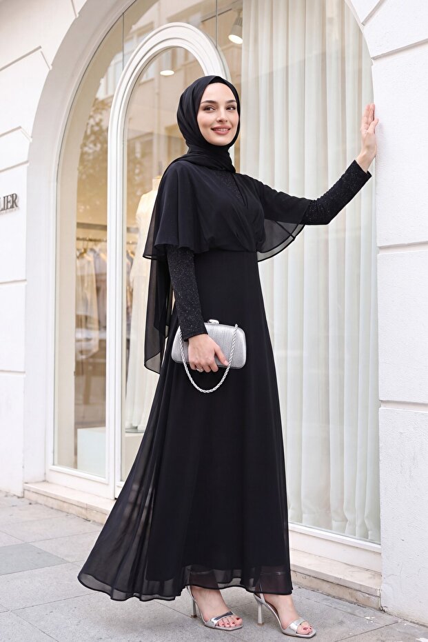 Glittery Chiffon Long Evening Dress - Black