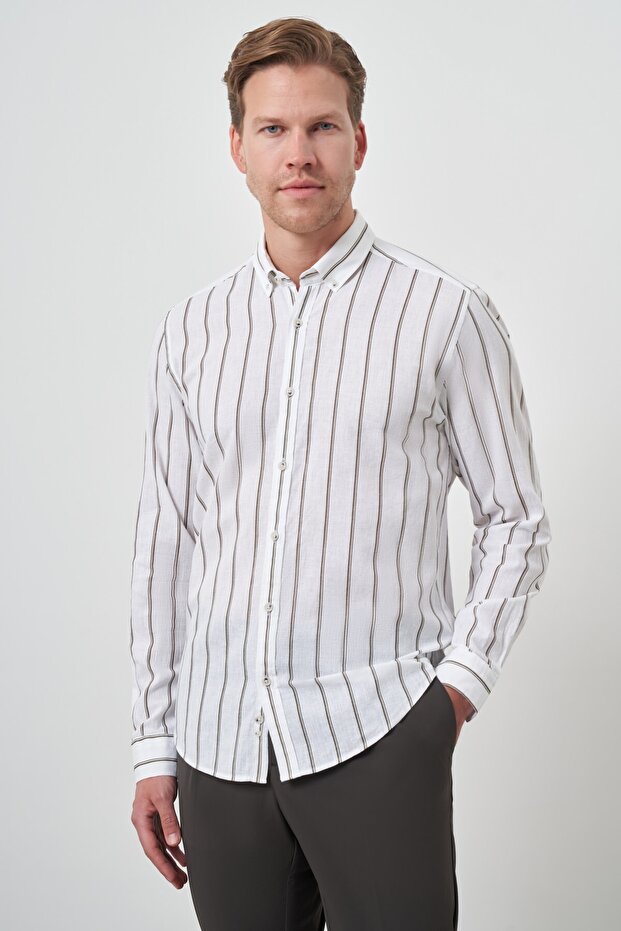Men's Khaki Linen Dynamic Fit Button Collar Shirt