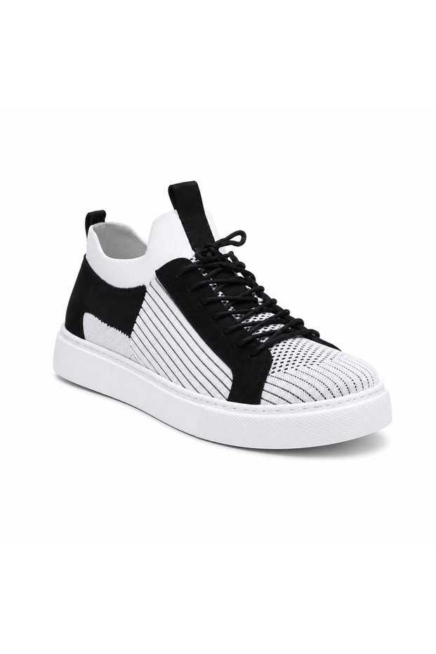 White Black Knitwear Men's Sports Shoes - Breathable, Anti-Sweat, Lace-Up, High Contrast, Comfortable Casual Sneaker Kb 112