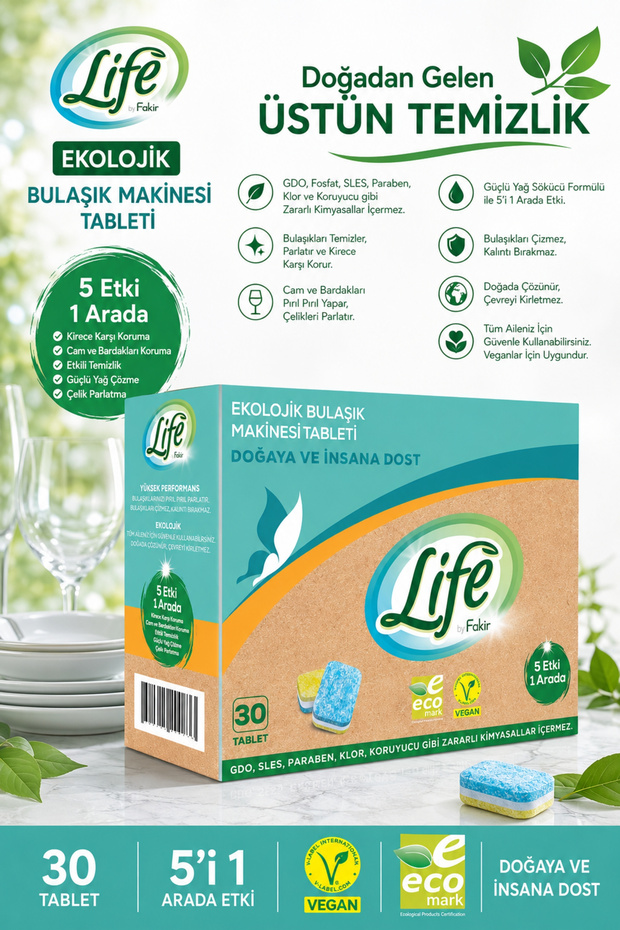 Ecological Vegan Dishwasher Tablet Detergent 30 Pack - Powerful Degreaser, 100% Natural Cleaning