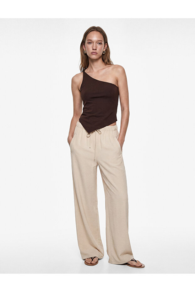 Pocket Detailed Comfortable Fit Waist Tie Viscose Fabric Wide Leg Trousers