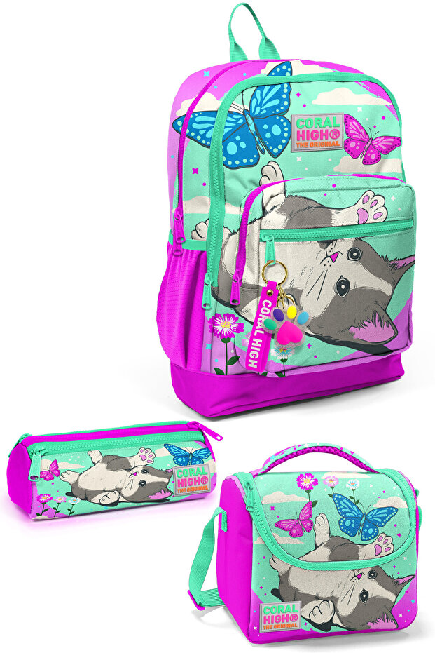 Kids Water Green Pink Cat Patterned 3-Piece School Bag Set SET0123707