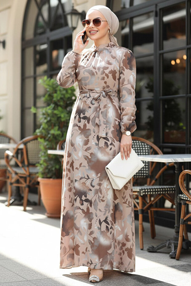 Floral Patterned Mink Hijab Dress 279331V