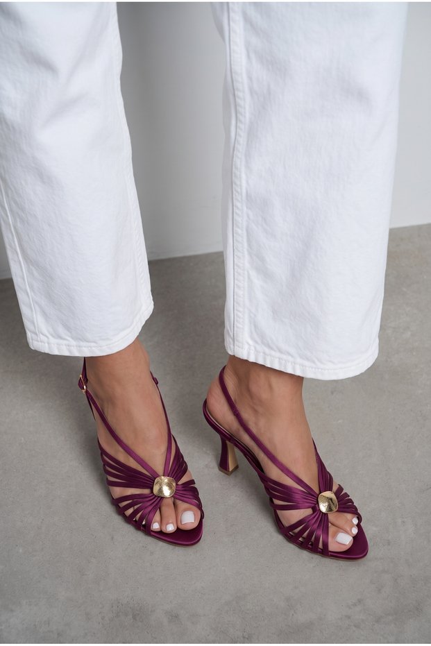 Taran Plum Satin Open Buckled Detail Cage Style Women's Heeled Shoes